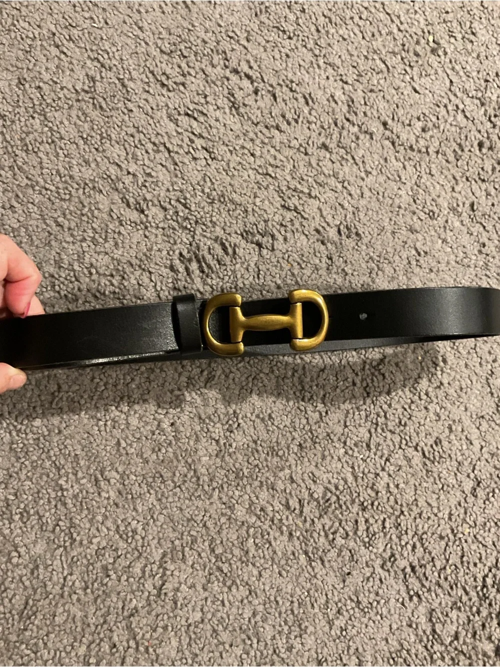 Boden Black Leather Belt with Gold Brass Horsebit Buckle Detail